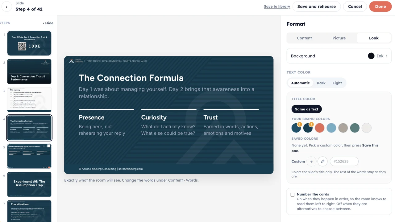 The Praxis Live slide editor: the run of steps on the left, a branded slide in the middle, and its look on the right